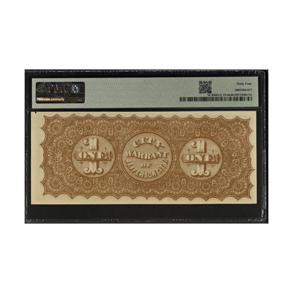 Missouri Jefferson City $1 – 1875 City Warrant PMG 64 Choice Uncirculated
