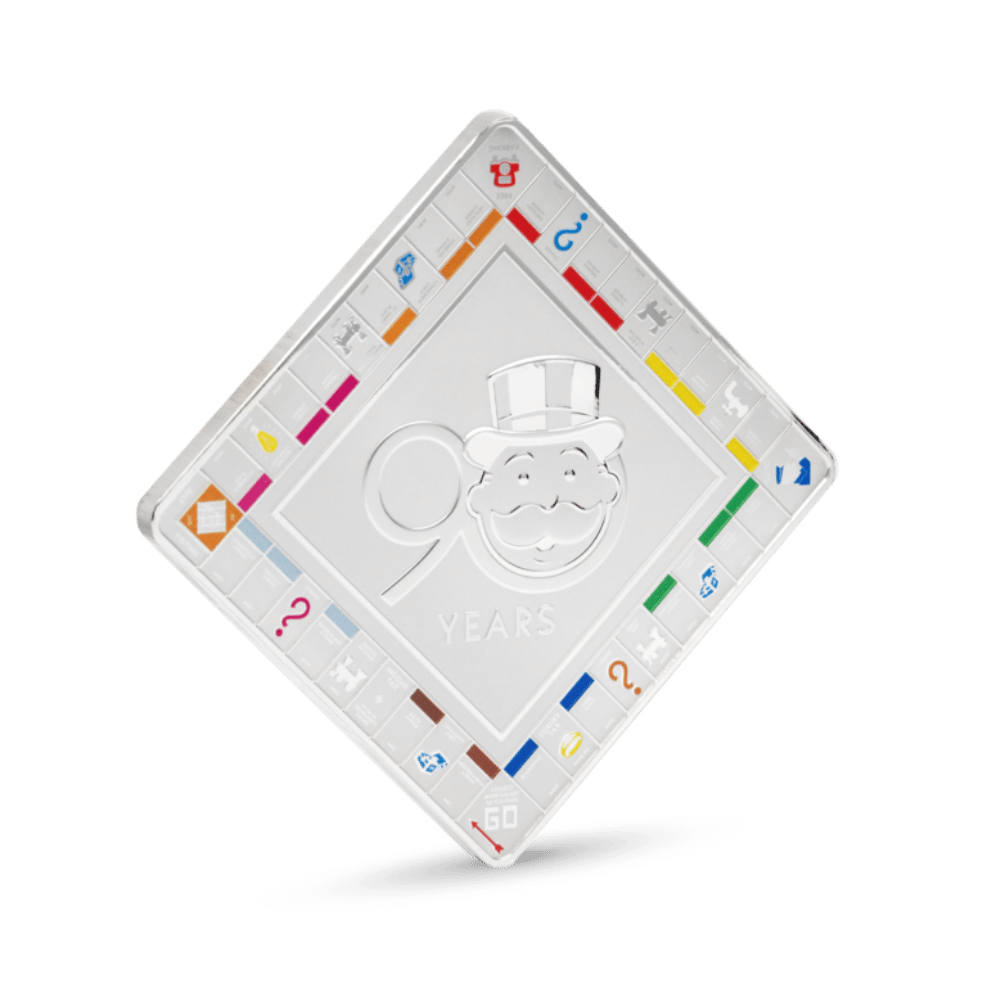 Monopoly 90th Anniversary Silver Collectible Coin reverse oblique - Agoro New Zealand Mint