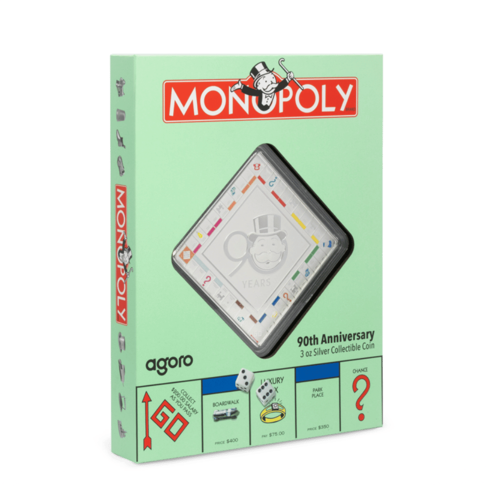 Monopoly 90th Anniversary Silver Collectible Coin packaging - Agoro New Zealand Mint
