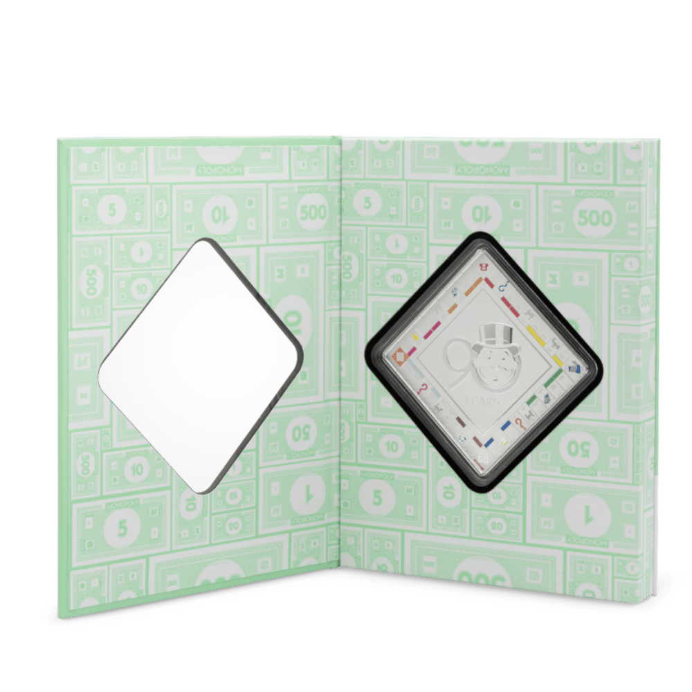 Monopoly 90th Anniversary Silver Collectible Coin packaging opened - Agoro New Zealand Mint