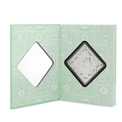 Monopoly 90th Anniversary Silver Collectible Coin packaging opened - Agoro New Zealand Mint