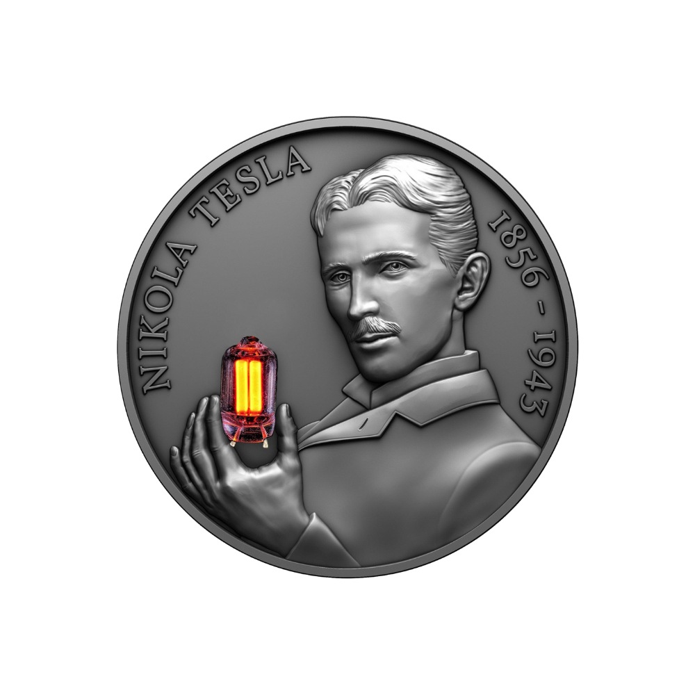 NIKOLA TESLA Bulb Inlay 80th Anniversary 2 Oz Silver Coin 2000 Francs Cameroun 2023