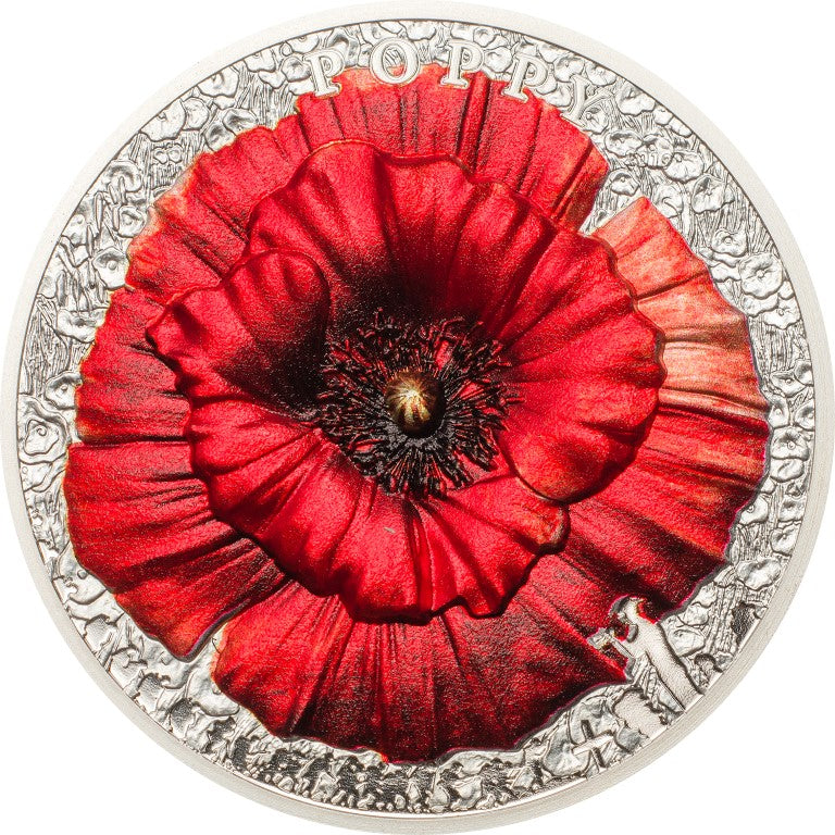 POPPY High Relief Flowers Leaves 2 Oz Silver Coin $10 Palau 2019 - PARTHAVA COIN