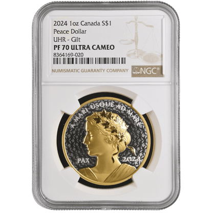 Peace Dollar 1 Oz Yellow Gold plated Pure Silver Coin - PF 70 ULTRA CAMEO - PARTHAVA COIN