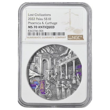 Phoenicia and Carthage Lost Civilizations 2 Oz Silver Coin - MS 70 ANTIQUED - PARTHAVA COIN