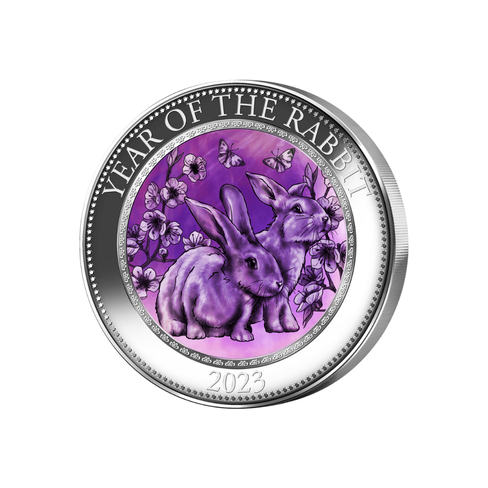 RABBIT Mother of Pearl Lunar Year 5 Oz Silver Coin $25 Cook Islands 2023