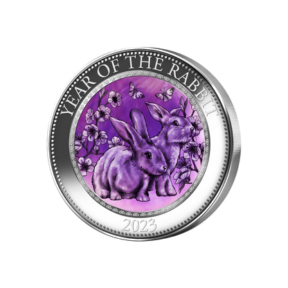 RABBIT Mother of Pearl Lunar Year 5 Oz Silver Coin $25 Cook Islands 2023