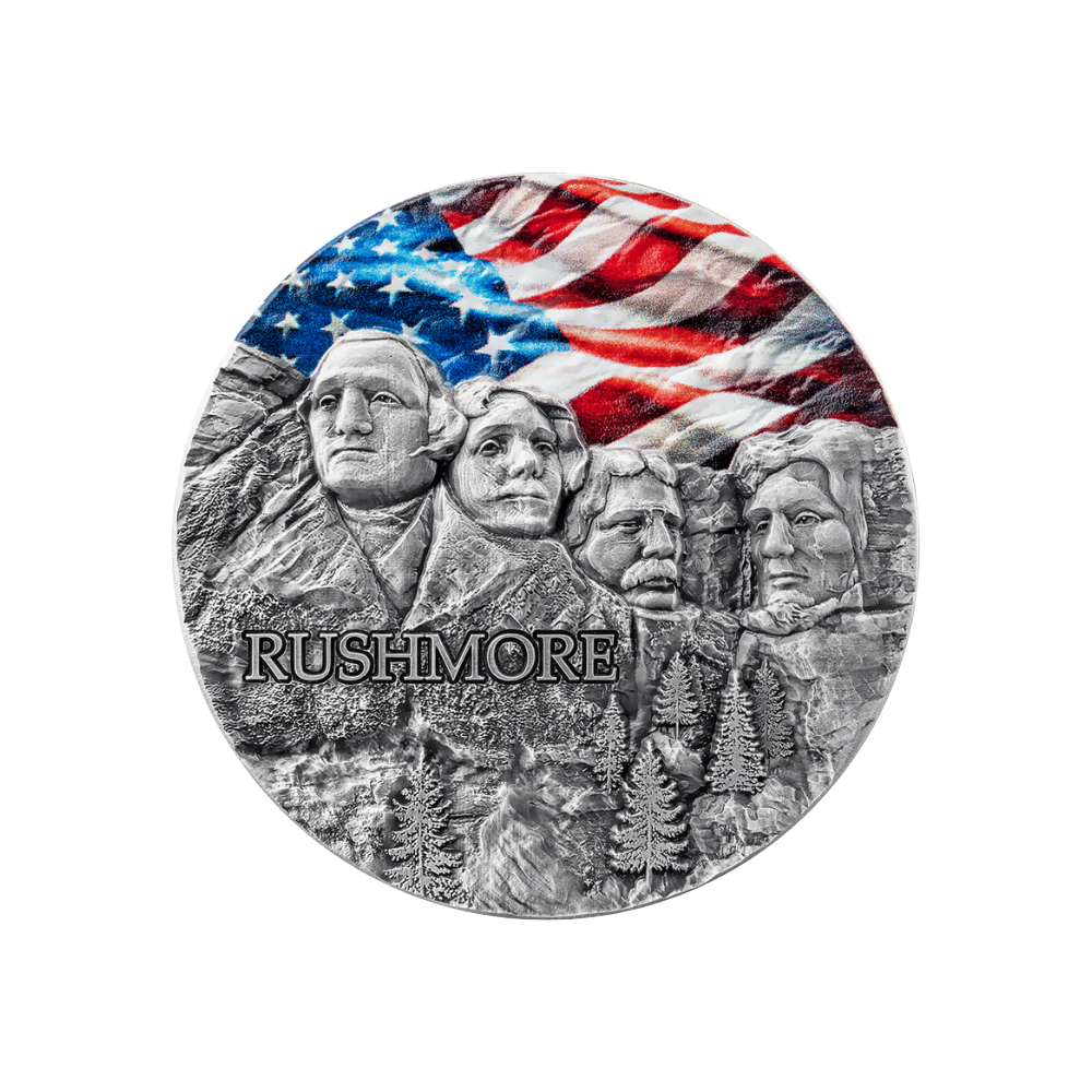 Rushmore Rock Cut Monuments Colored 2 Oz Silver Coin 2024