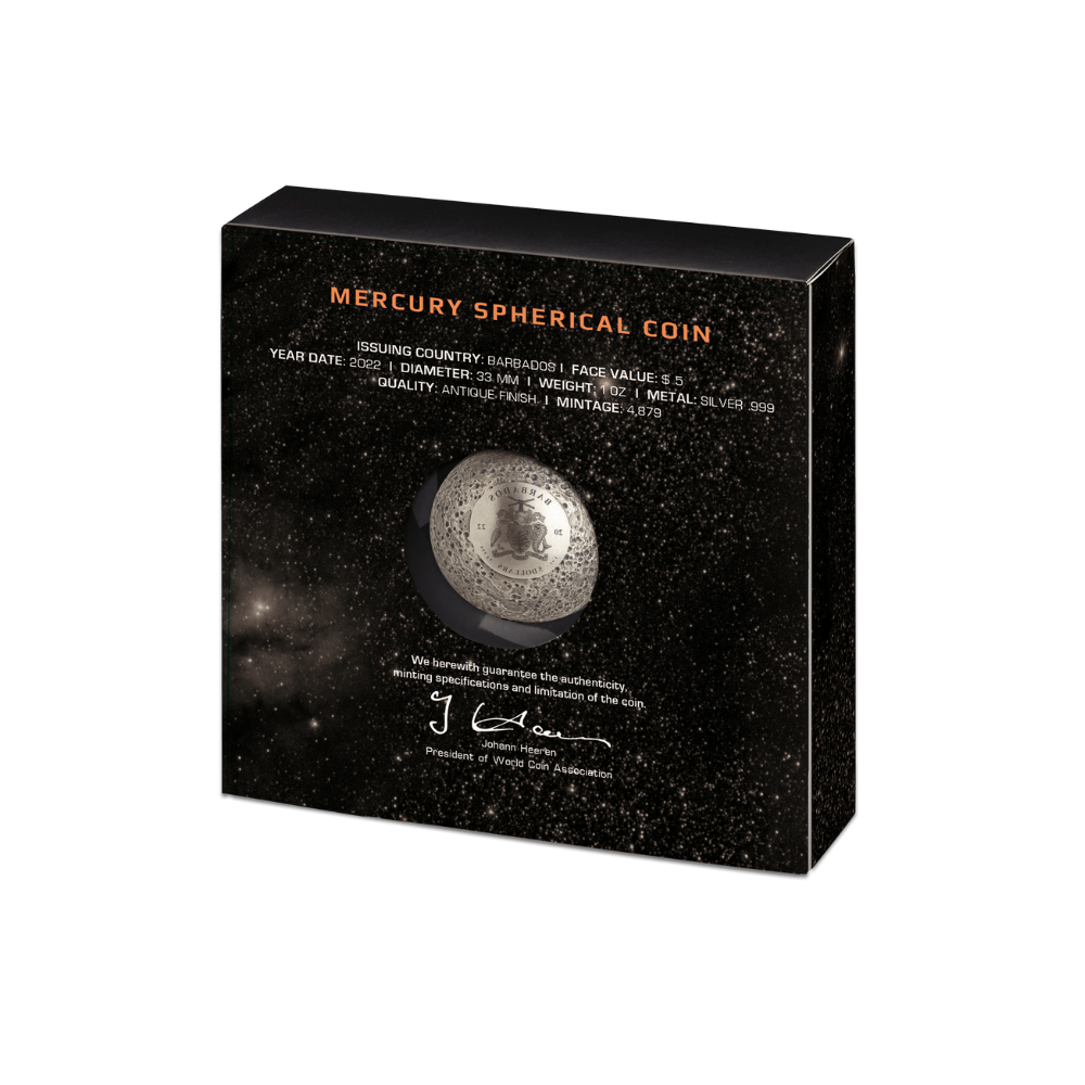 SPHERICAL MERCURY 3D Planet 1 Oz Silver Coin $5 Barbados 2022