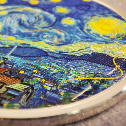 2024 3 oz silver coin featuring Van Gogh's 'Starry Night' with fine embroidery effects and vivid colors, $20 Palau denomination, numbered on the edge, Silk Finish quality, in a display case with Certificate of Authenticity.