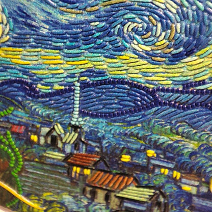 2024 3 oz silver coin featuring Van Gogh's 'Starry Night' with fine embroidery effects and vivid colors, $20 Palau denomination, numbered on the edge, Silk Finish quality, in a display case with Certificate of Authenticity.