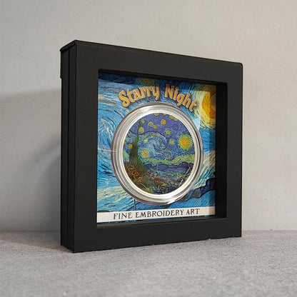 2024 3 oz silver coin featuring Van Gogh's 'Starry Night' with fine embroidery effects and vivid colors, $20 Palau denomination, numbered on the edge, Silk Finish quality, in a display case with Certificate of Authenticity.