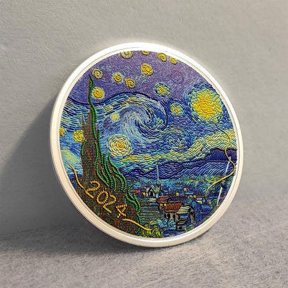 2024 3 oz silver coin featuring Van Gogh's 'Starry Night' with fine embroidery effects and vivid colors, $20 Palau denomination, numbered on the edge, Silk Finish quality, in a display case with Certificate of Authenticity.