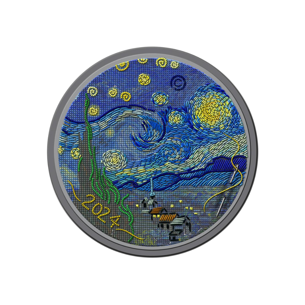 STARRY NIGHT Van Gogh Fine Embroidery Art 3 Oz Silver Coin $20 Palau 2024