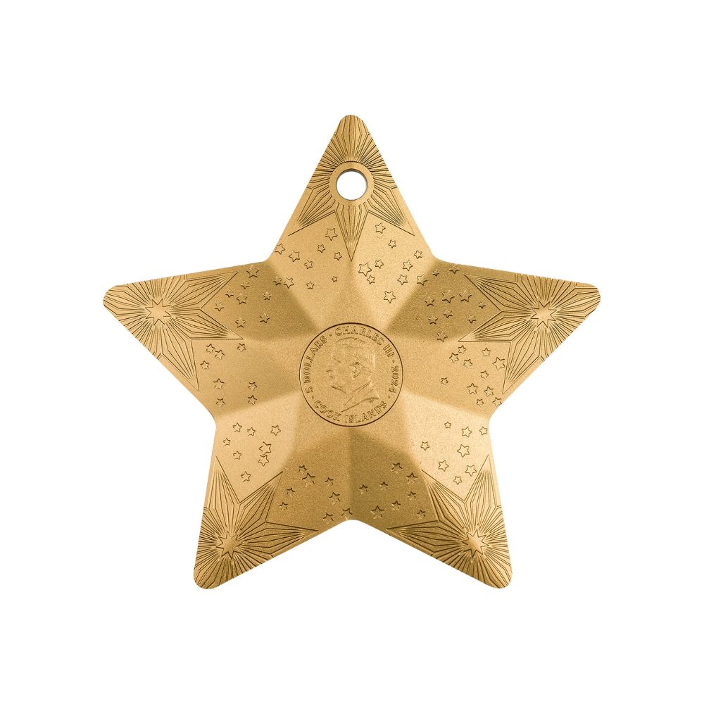 STARRY SKY Holiday Ornament Gilded 1 Oz Silver Coin $5 Cook Islands 2024