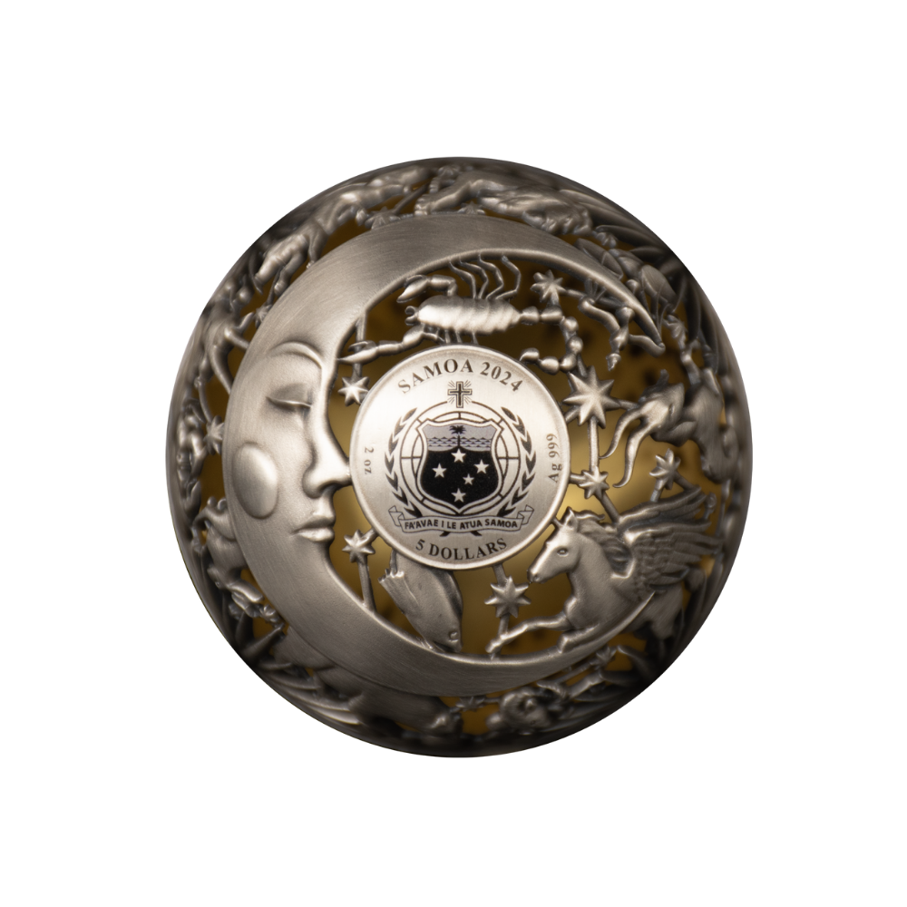 SUN AND MOON Filigree Spherical 2 Oz Silver Coin $5 Samoa 2024