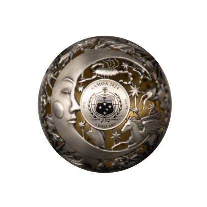 SUN AND MOON Filigree Spherical 2 Oz Silver Coin $5 Samoa 2024