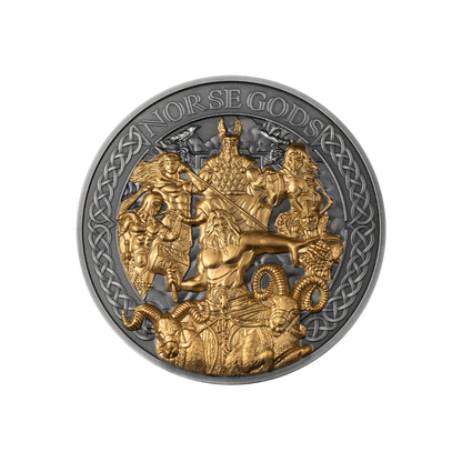 THE AESIR Norse Gods Gold Plating 5 Oz Silver Coin $25 Cook Islands 2024