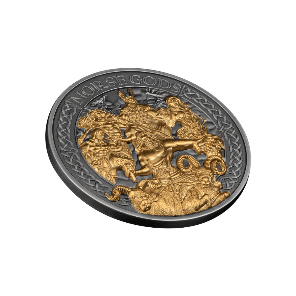 THE AESIR Norse Gods Gold Plating 5 Oz Silver Coin $25 Cook Islands 2024