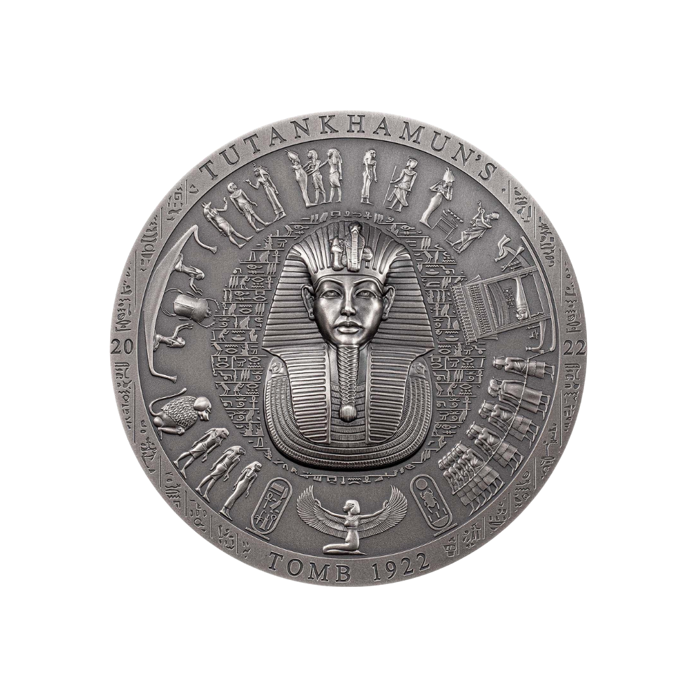 TUTANKHAMUN’S TOMB 1922 Archeology Symbolism Antiqued 3 Oz Silver Coin $20 Cook Islands 2022