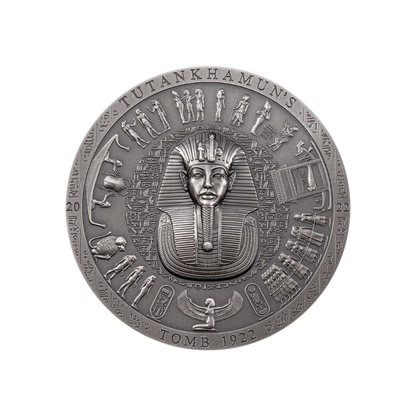 TUTANKHAMUN’S TOMB 1922 Archeology Symbolism Antiqued 3 Oz Silver Coin $20 Cook Islands 2022