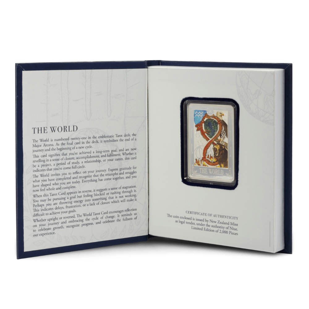Tarot Cards The World Silver Coin Presentation box opened - Agoro New Zealand Mint