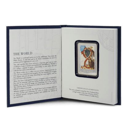 Tarot Cards The World Silver Coin Presentation box opened - Agoro New Zealand Mint