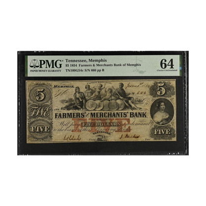 Tennessee $5 1854 Farmers & Merchants Bank of Memphis PMG 64 Choice UNC