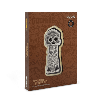 The Goonies Copper Bones Skeleton Key Silver Coin packaging AGORO