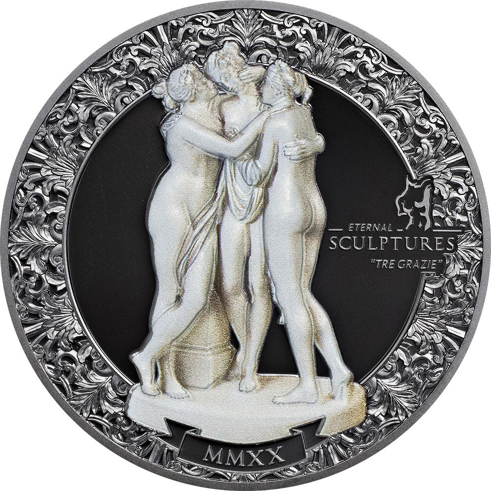 TRE GRAZIE Three Graces Eternal Sculptures 2 Oz Silver Coin $10 Palau 2020