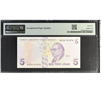 Turkey 5 Lira 2009 ND 2013 Central Bank Pick 222b Gem UNC 65 EPQ