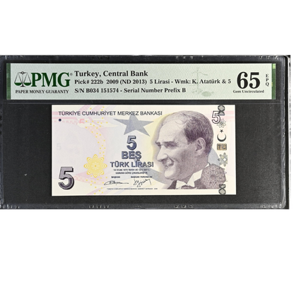 Turkey 5 Lira 2009 ND 2013 Central Bank Pick 222b Gem UNC 65 EPQ