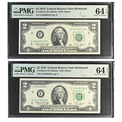 US $2 1976 Fr#1935-E Federal Reserve Note Richmond Choice UNC 64 Consecutive Pair