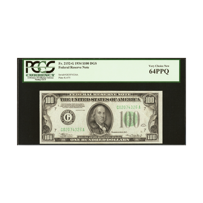 US $100 1934 Fr#2152-G Federal Reserve Note PCGS 64 PPQ Very Choice New