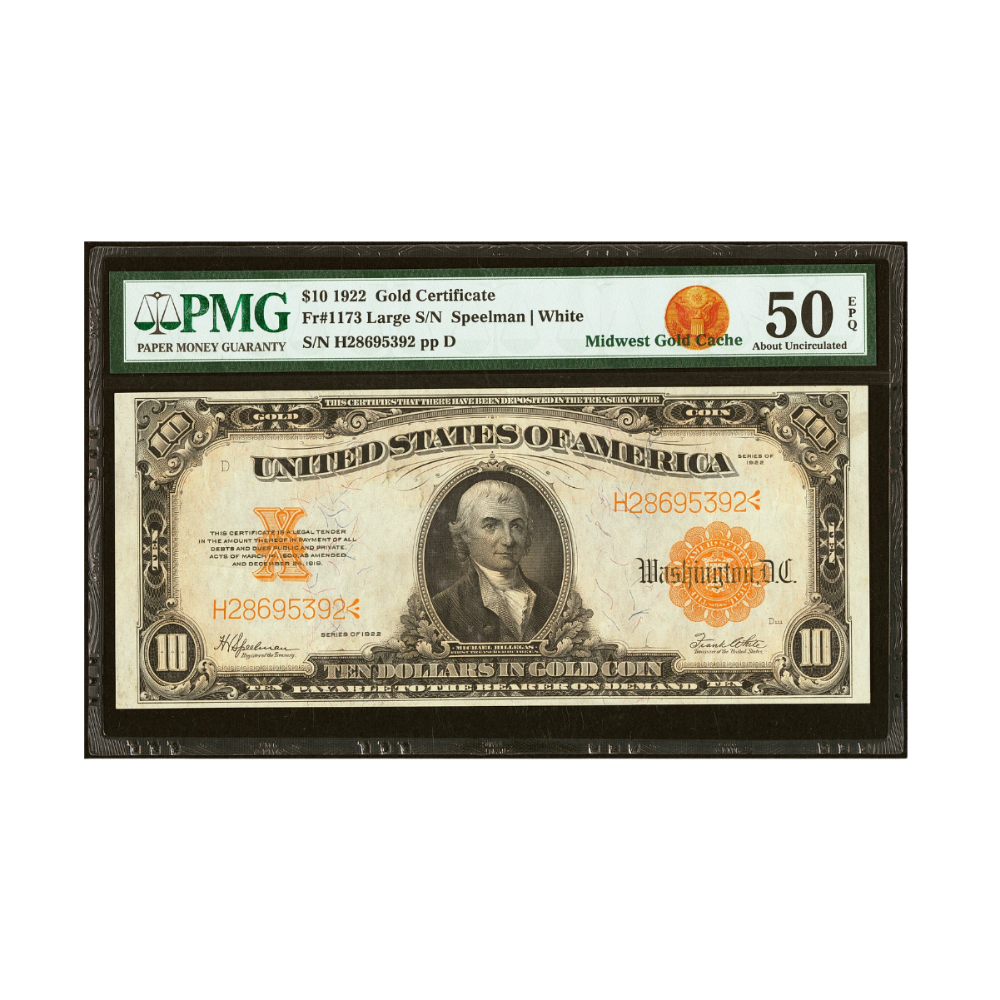 US $10 1922 Fr#1173 Gold Certificate PMG 50 About Uncirculated EPQ