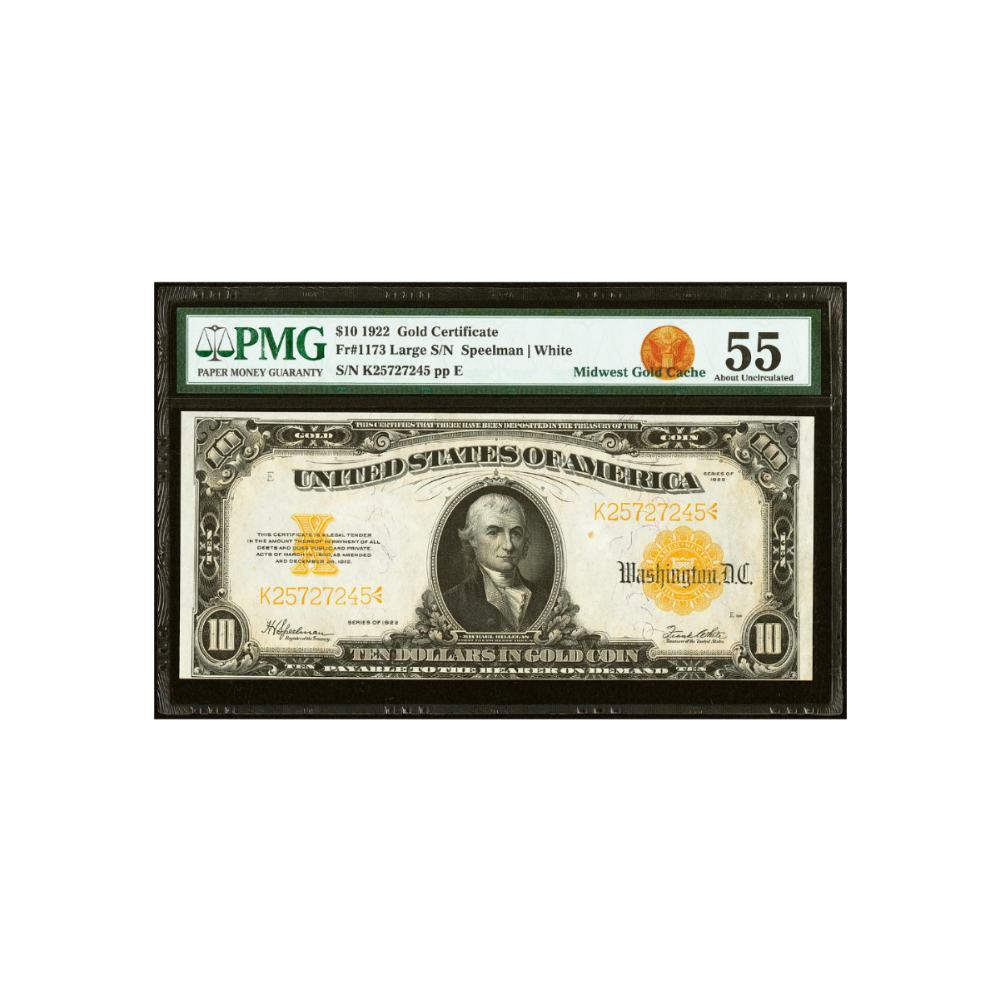 US $10 1922 Fr#1173 Gold Certificate PMG 55 About Uncirculated