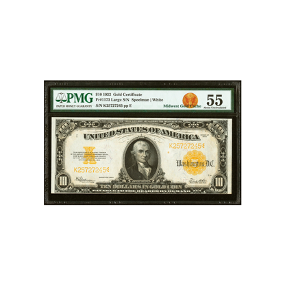 US $10 1922 Fr#1173 Gold Certificate PMG 55 About Uncirculated