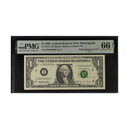 US $1 1995 Fr#1922-I Radar–Repeater Serial Number PMG 66 Gem Uncirculated EPQ