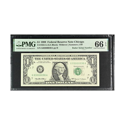 US $1 1999 Federal Reserve Note Chicago Radar Serial Number Fr. 1925-G PMG 66 EPQ Gem UNC