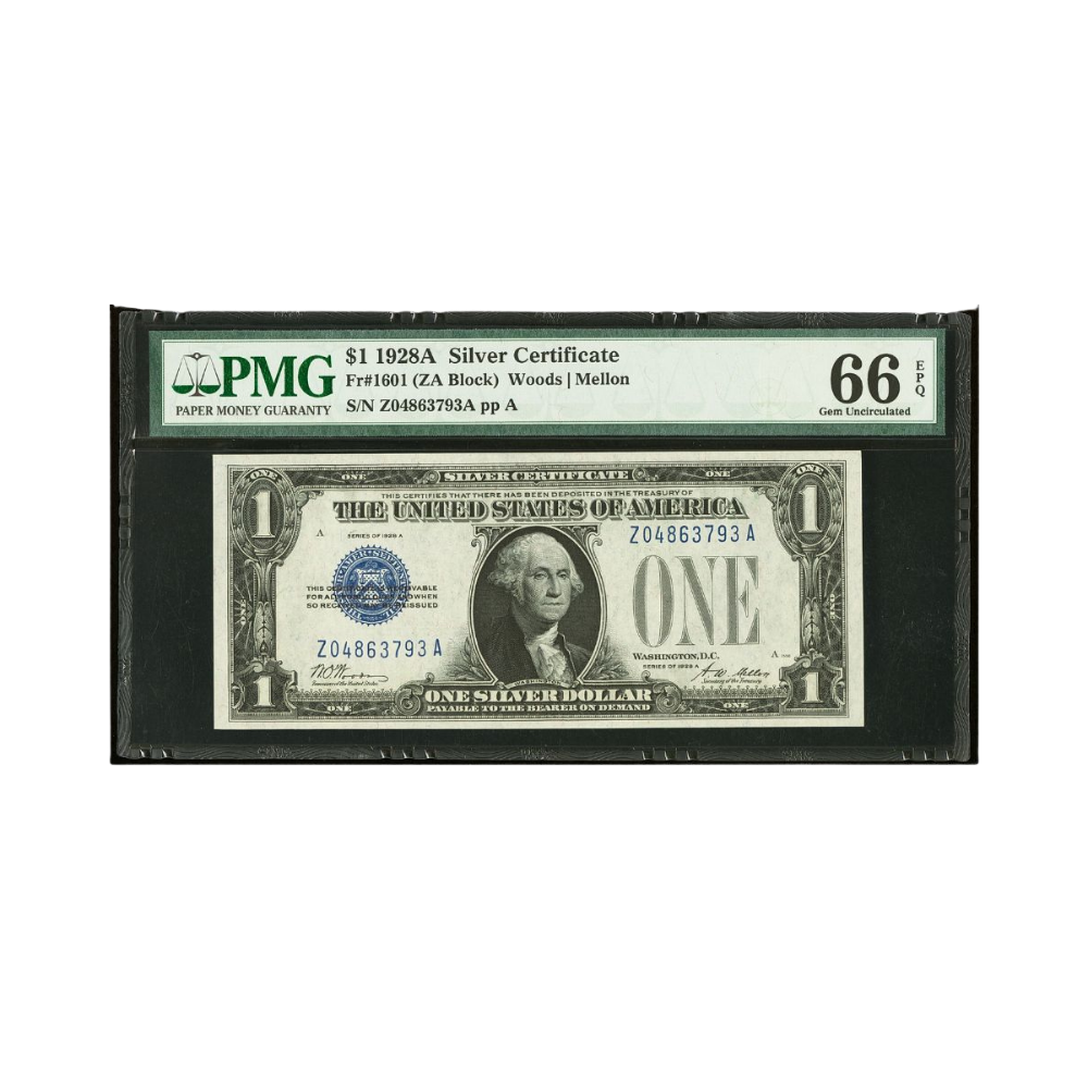 US $1 Fr#1601 1928A Silver Certificate PMG Gem Uncirculated 66 EPQ