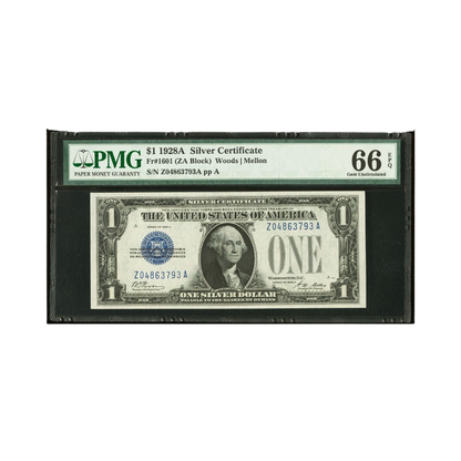US $1 Fr#1601 1928A Silver Certificate PMG Gem Uncirculated 66 EPQ