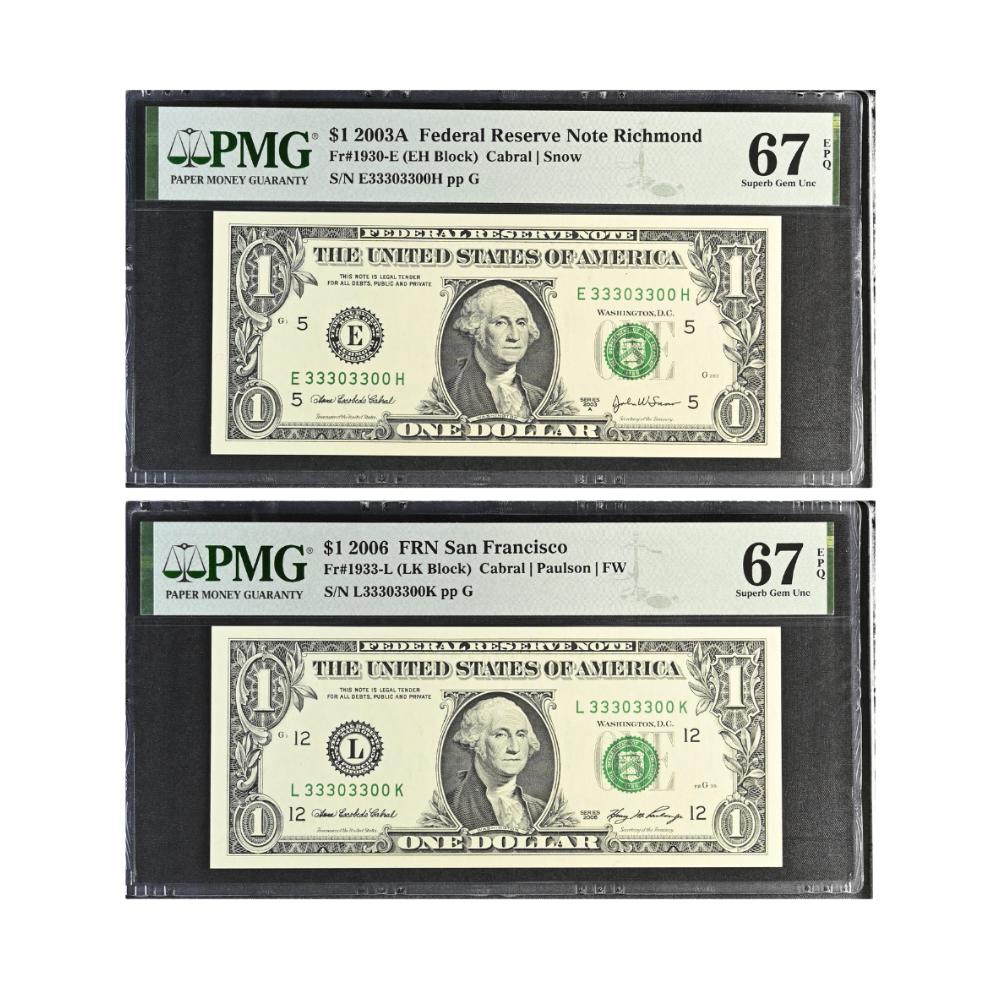 US $1 2003A–2006 Fr#1930-E | Fr#1933-L Federal Reserve Note Matching Fancy Serial Number Pair PMG 67 Superb Gem Uncirculated EPQ