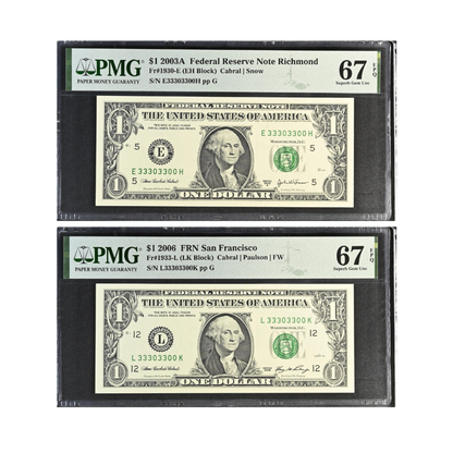 US $1 2003A–2006 Fr#1930-E | Fr#1933-L Federal Reserve Note Matching Fancy Serial Number Pair PMG 67 Superb Gem Uncirculated EPQ