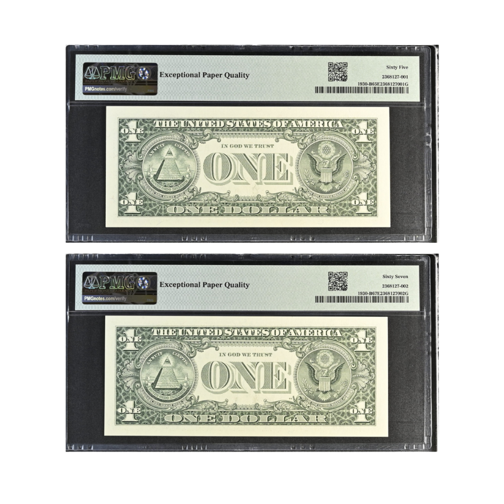 US $1 2003A Fr#1930-B Federal Reserve Note Matching Fancy Serial Number Pair PMG 65/67 EPQ
