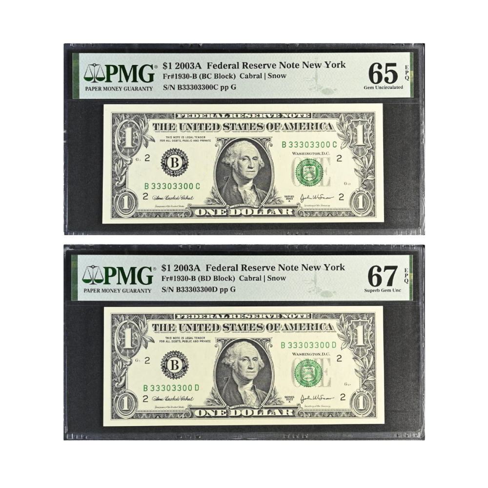 US $1 2003A Fr#1930-B Federal Reserve Note Matching Fancy Serial Number Pair PMG 65/67 EPQ