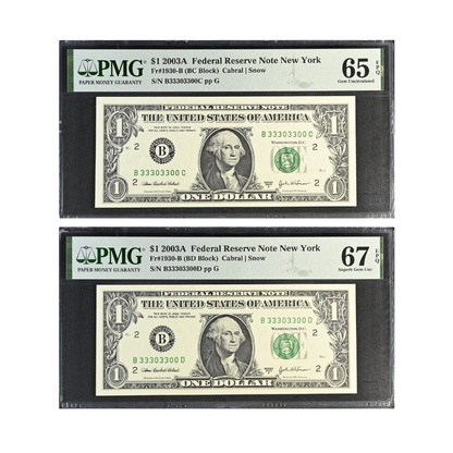 US $1 2003A Fr#1930-B Federal Reserve Note Matching Fancy Serial Number Pair PMG 65/67 EPQ