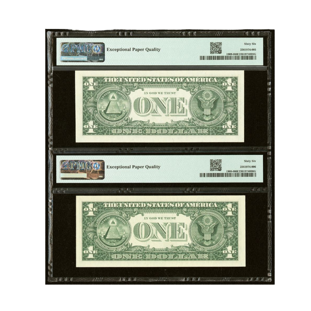 US $1 1974–1977 Fr#1908-I  Fr#1909-I Federal Reserve Note Matching Radar Serial Number Pair PMG 66 Gem Uncirculated EPQ