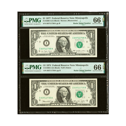 US $1 1974–1977 Fr#1908-I  Fr#1909-I Federal Reserve Note Matching Radar Serial Number Pair PMG 66 Gem Uncirculated EPQ
