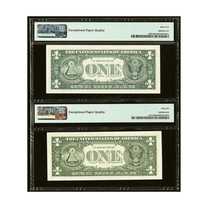 US $1 Matching Radar Serial Number Pair – 1977 & 1981A Fr#1909-H | Fr#1912-H Federal Reserve Notes PMG 65/66 Gem Uncirculated EPQ
