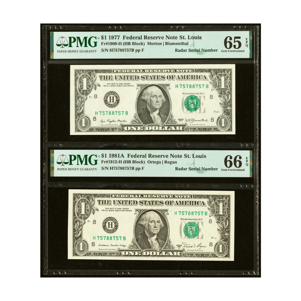 US $1 Matching Radar Serial Number Pair – 1977 & 1981A Fr#1909-H | Fr#1912-H Federal Reserve Notes PMG 65/66 Gem Uncirculated EPQ